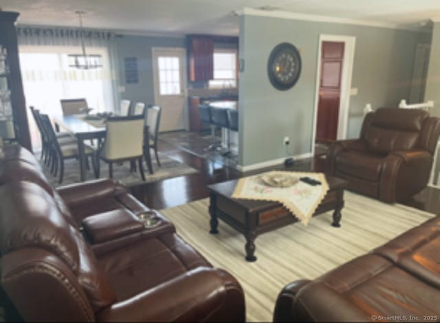 living area with wood finished floors and ornamental molding