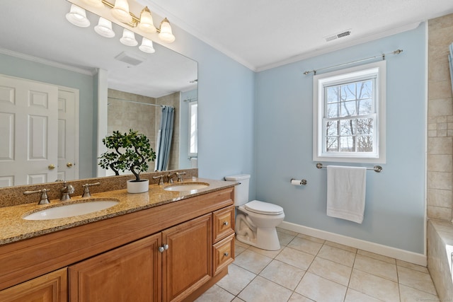 full bath with ornamental molding, visible vents, a tile shower, and a sink