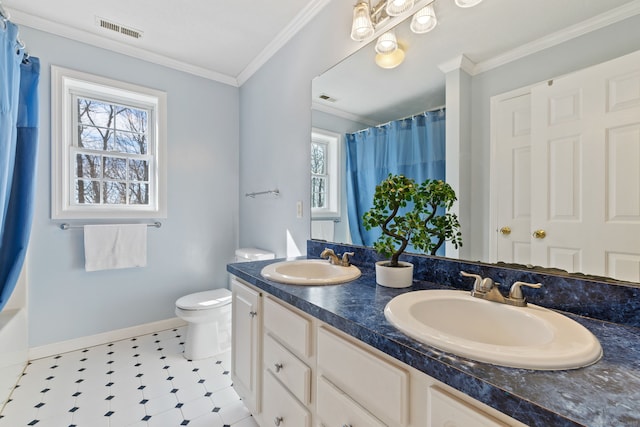 bathroom featuring a sink, visible vents, and ornamental molding