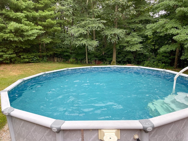 outdoor pool featuring a lawn