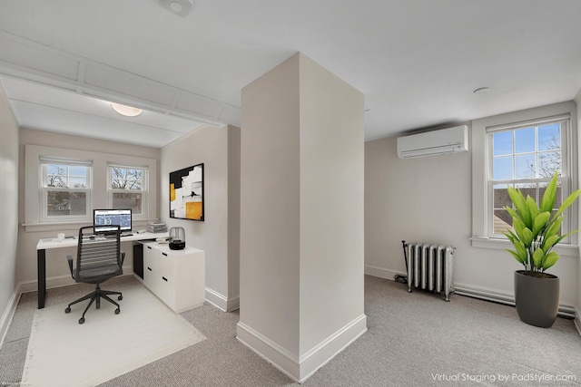 home office featuring a wealth of natural light, radiator heating unit, light carpet, and a wall mounted AC