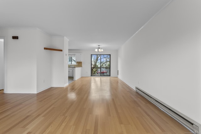 unfurnished living room featuring baseboards, a chandelier, ornamental molding, baseboard heating, and light wood-style flooring