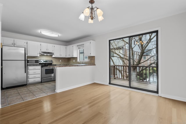 kitchen with light wood finished floors, decorative backsplash, white cabinets, under cabinet range hood, and appliances with stainless steel finishes