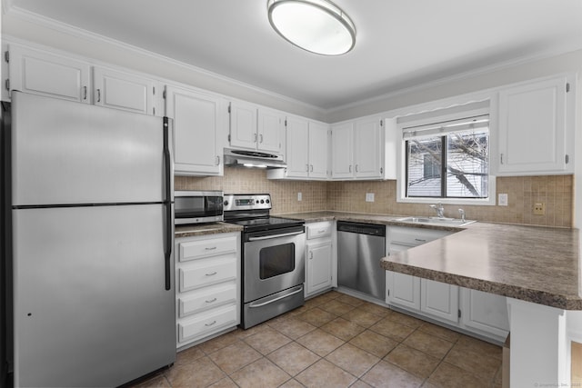 kitchen with a sink, white cabinets, under cabinet range hood, appliances with stainless steel finishes, and tasteful backsplash