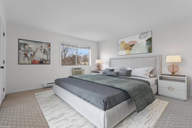 carpeted bedroom featuring a baseboard heating unit, an AC wall unit, and baseboards