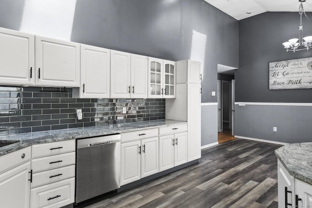 kitchen with dishwasher, dark wood-style flooring, wainscoting, and white cabinetry