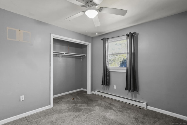 unfurnished bedroom featuring a closet, carpet floors, baseboards, and a baseboard radiator