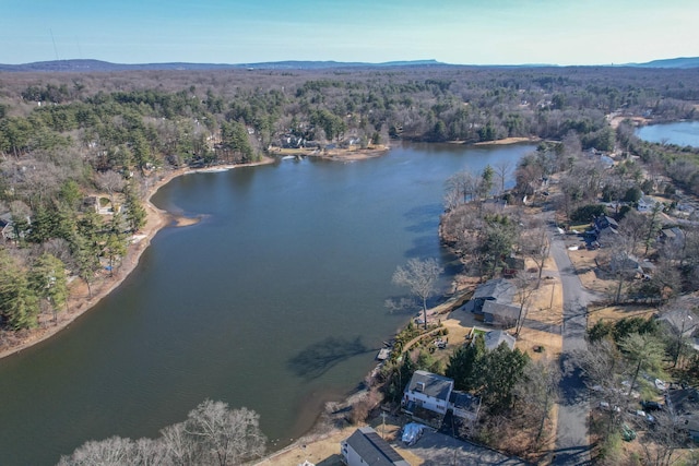 aerial view featuring a wooded view and a water view