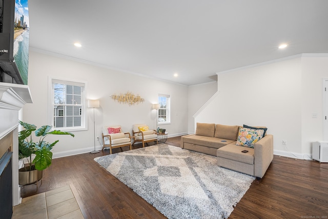 living room featuring wood finished floors, a fireplace, baseboards, and ornamental molding