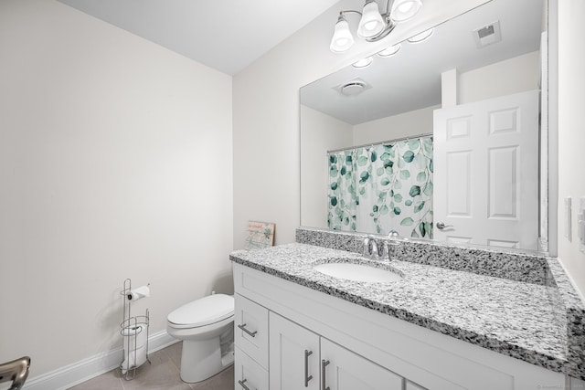 bathroom featuring tile patterned flooring, visible vents, baseboards, toilet, and vanity