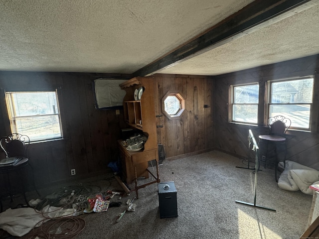 interior space featuring beam ceiling, a textured ceiling, wood walls, and carpet