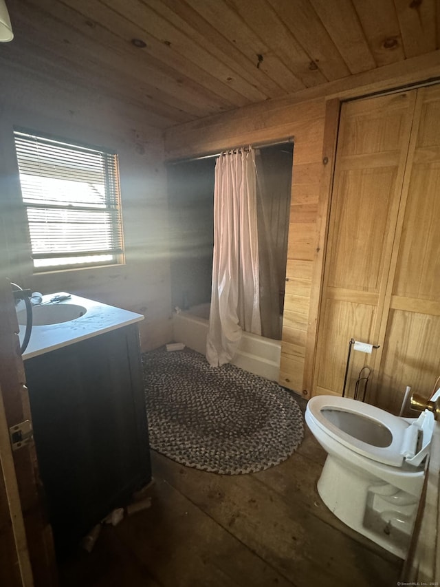 full bathroom featuring hardwood / wood-style floors, vanity, shower / tub combo, wooden ceiling, and toilet