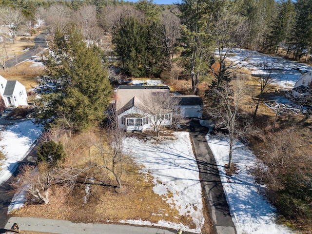 bird's eye view with a wooded view