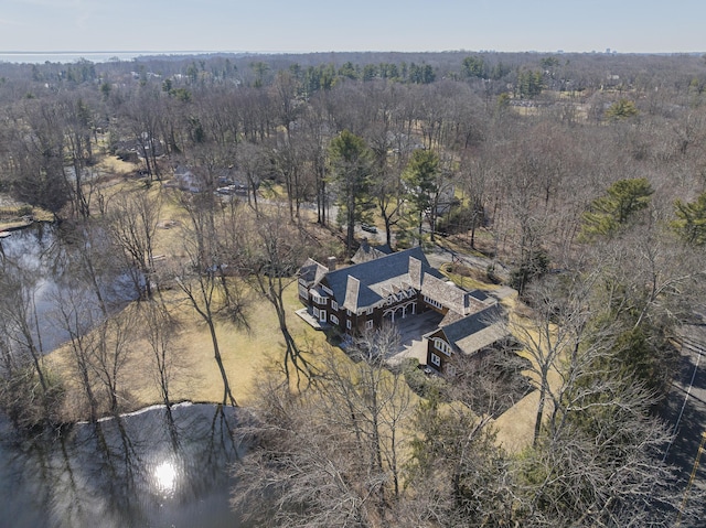 drone / aerial view featuring a view of trees and a water view