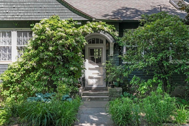 doorway to property with roof with shingles