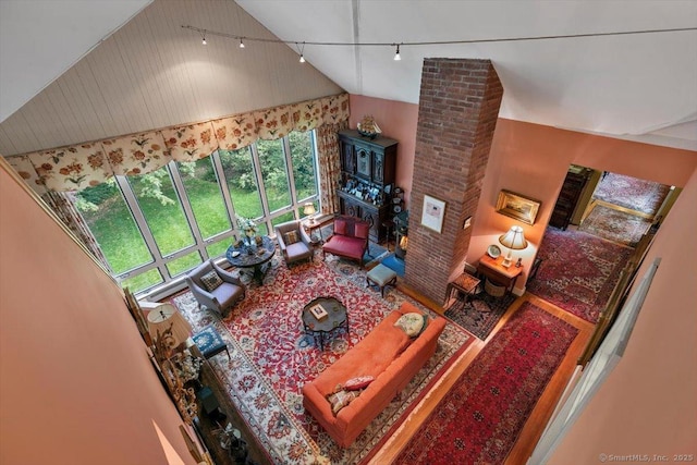 living room with rail lighting and high vaulted ceiling