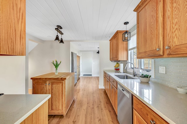 kitchen with a sink, backsplash, stainless steel dishwasher, and hanging light fixtures