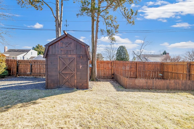 view of shed with a fenced backyard