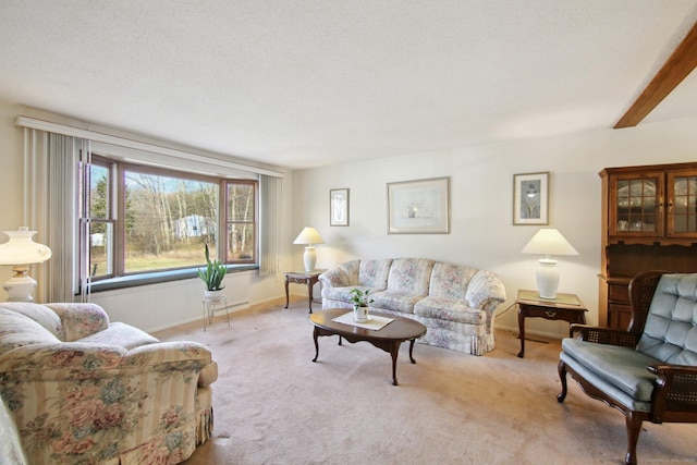 carpeted living area featuring baseboards