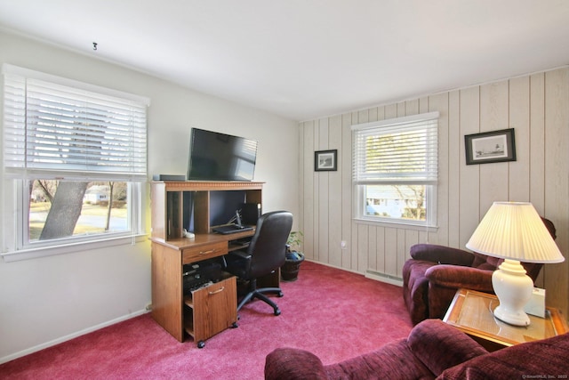 home office with a wealth of natural light, baseboard heating, and carpet floors