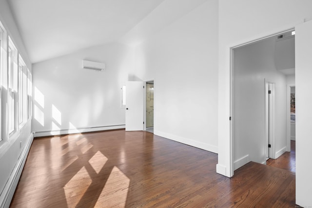 unfurnished room featuring wood finished floors, high vaulted ceiling, a baseboard radiator, a wall mounted air conditioner, and baseboard heating