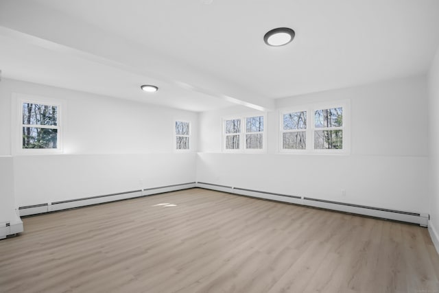 unfurnished room with plenty of natural light, wood finished floors, and a baseboard radiator