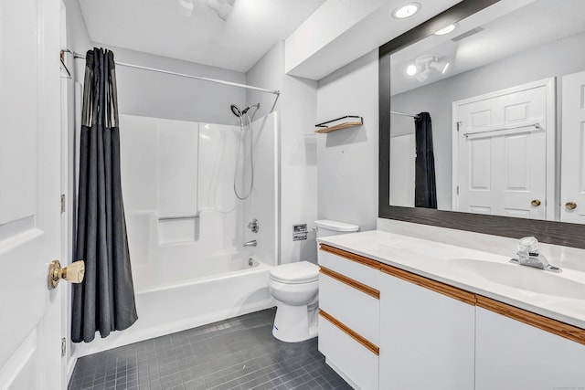 full bathroom with tile patterned flooring,  shower combination, toilet, and vanity