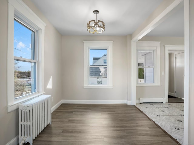 interior space featuring radiator, baseboards, a chandelier, wood finished floors, and a baseboard radiator