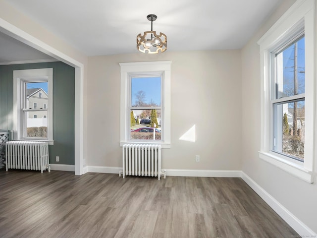 unfurnished dining area with baseboards, radiator, and wood finished floors