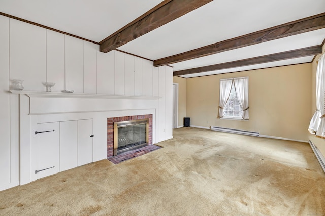 unfurnished living room featuring beamed ceiling, baseboard heating, a brick fireplace, and carpet flooring