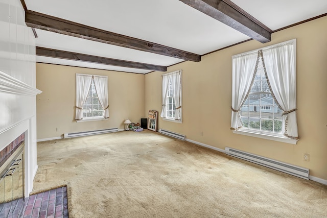 unfurnished living room featuring beamed ceiling, carpet, and a baseboard radiator