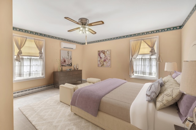 carpeted bedroom featuring a baseboard heating unit, multiple windows, ceiling fan, and a wall mounted AC