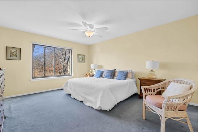 bedroom featuring baseboards, carpet floors, and ceiling fan