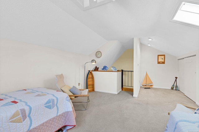 carpeted bedroom featuring vaulted ceiling