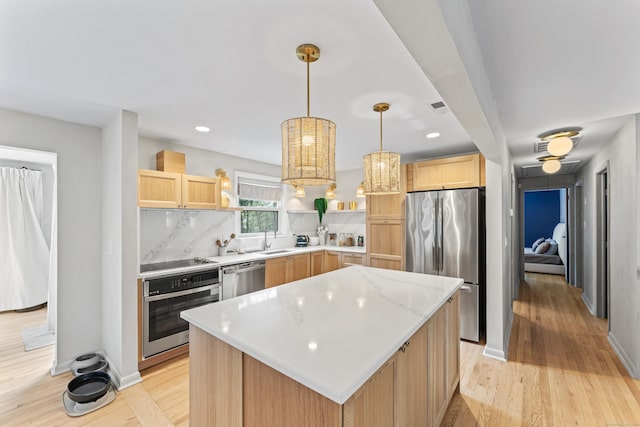 kitchen with open shelves, appliances with stainless steel finishes, light brown cabinetry, and a sink