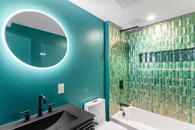 full bathroom featuring visible vents, toilet, vanity, and  shower combination