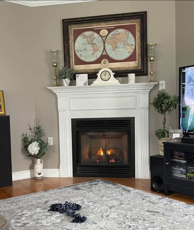 interior details with a glass covered fireplace, crown molding, baseboards, and wood finished floors