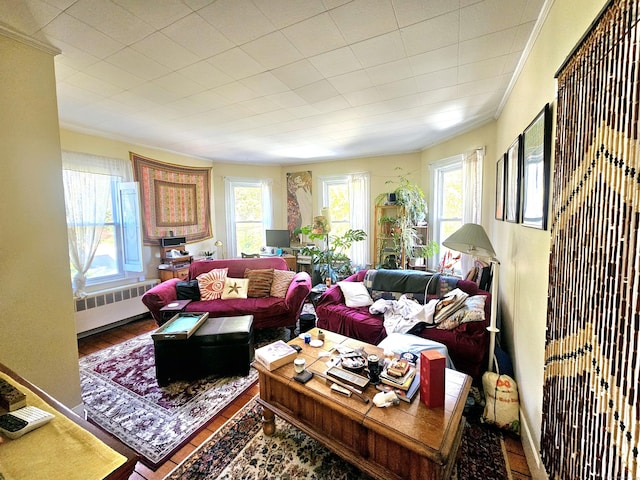 living area with wood finished floors, ornamental molding, and radiator heating unit