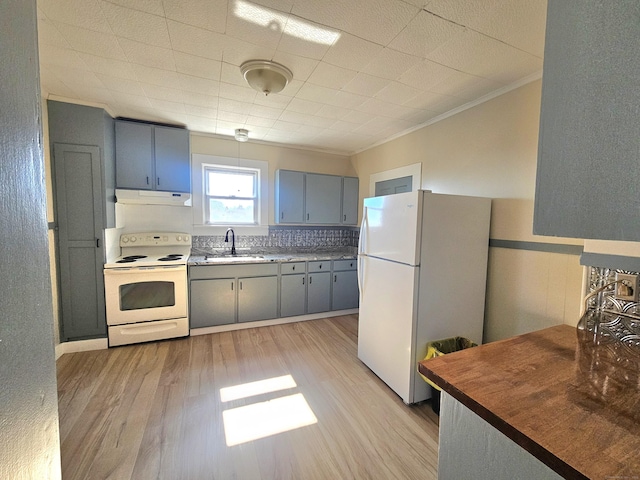 kitchen featuring white appliances, light wood-style flooring, gray cabinetry, a sink, and under cabinet range hood