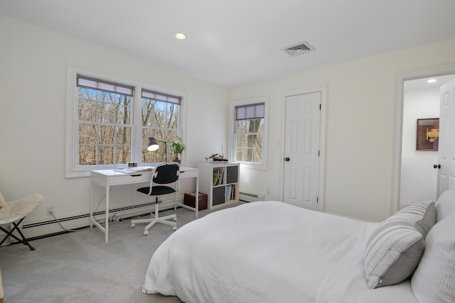 carpeted bedroom featuring recessed lighting, visible vents, multiple windows, and baseboard heating