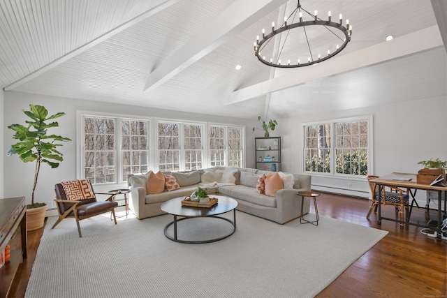 living room with lofted ceiling with beams, dark wood-style floors, a wealth of natural light, and a baseboard radiator