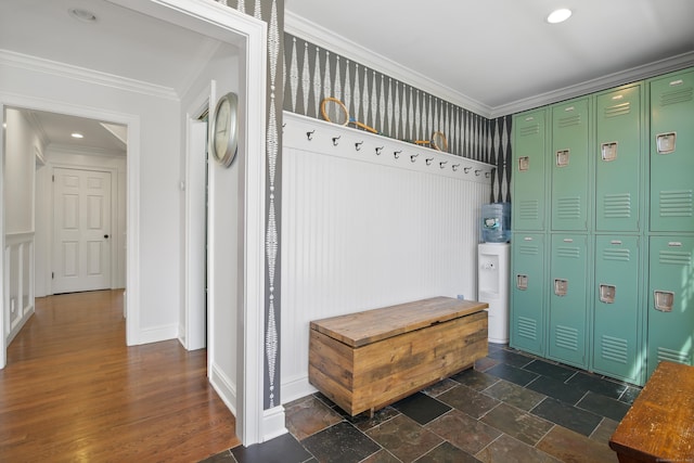 mudroom with recessed lighting, baseboards, stone tile flooring, and crown molding