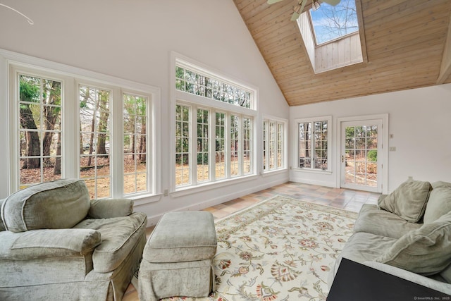 sunroom with vaulted ceiling with skylight and wood ceiling