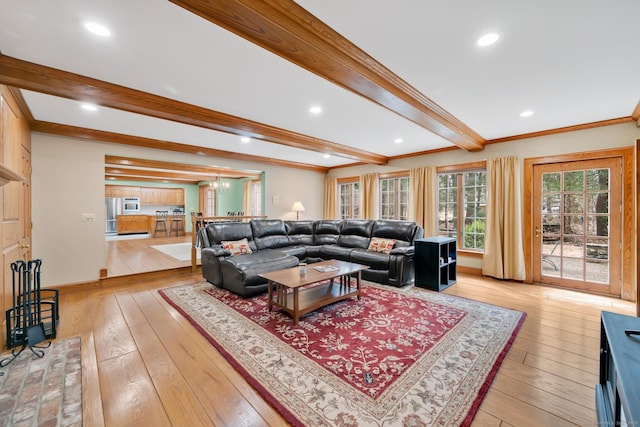 living room with recessed lighting, beam ceiling, light wood-style flooring, and crown molding