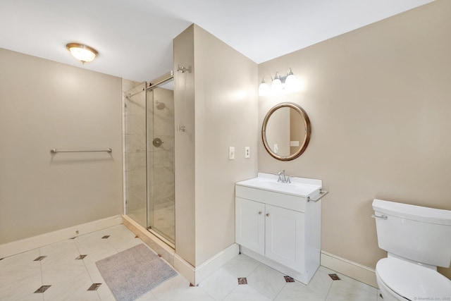 full bath with baseboards, toilet, a stall shower, and vanity