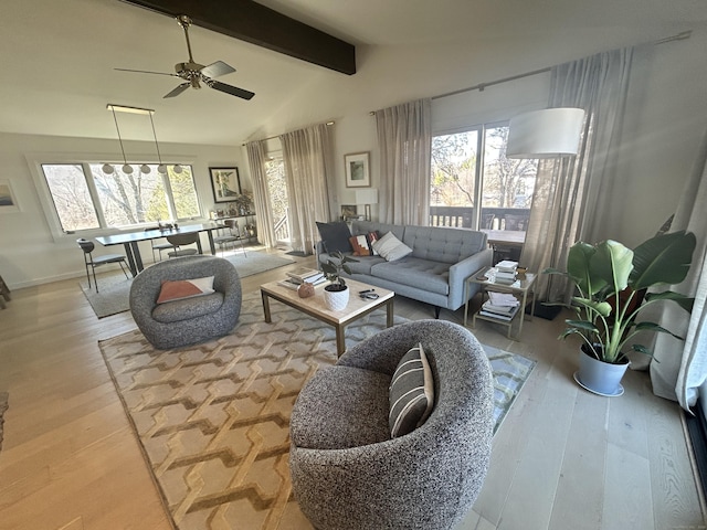 living room with lofted ceiling with beams, baseboards, wood finished floors, and ceiling fan