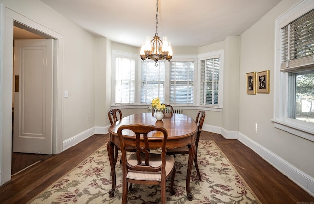 dining room with a wealth of natural light, dark wood-style floors, and baseboards