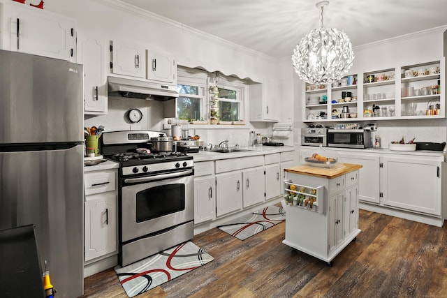 kitchen featuring ornamental molding, under cabinet range hood, a sink, white cabinetry, and stainless steel appliances