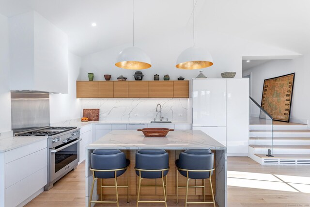 kitchen featuring light wood-type flooring, high end stove, a sink, light stone countertops, and modern cabinets
