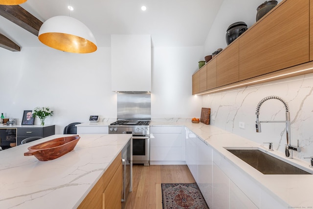 kitchen with stainless steel stove, modern cabinets, a sink, and tasteful backsplash